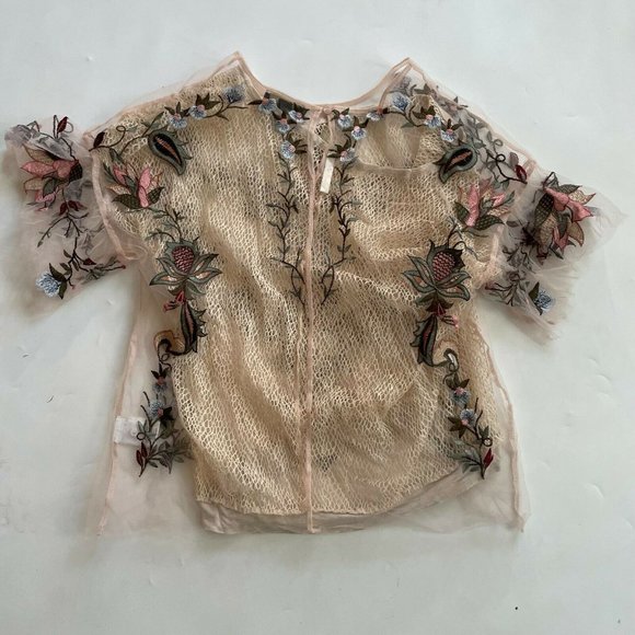 Dalia Tops - Dalia Women's Mesh Blouse Floral Embroidered Flare Short Sleeve Multi Size Small